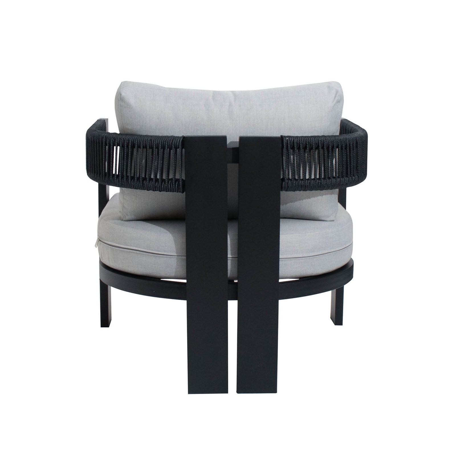 Modern lounge chair from Sorrelle 5 Seater Wicker Outdoor Sofa Set in Black, featuring a round seat, low back, black metal frame, woven rope detail, and thick light-gray cushions.