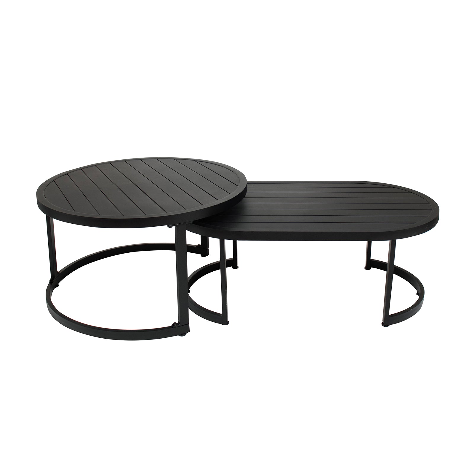 Nesting coffee tables in black-finished metal from the Sorrelle 5 Seater Wicker Outdoor Sofa Set; features a slatted round and oval top with semi-circular legs for stylish outdoor living.