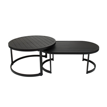 Nesting coffee tables in black-finished metal from the Sorrelle 5 Seater Wicker Outdoor Sofa Set; features a slatted round and oval top with semi-circular legs for stylish outdoor living.