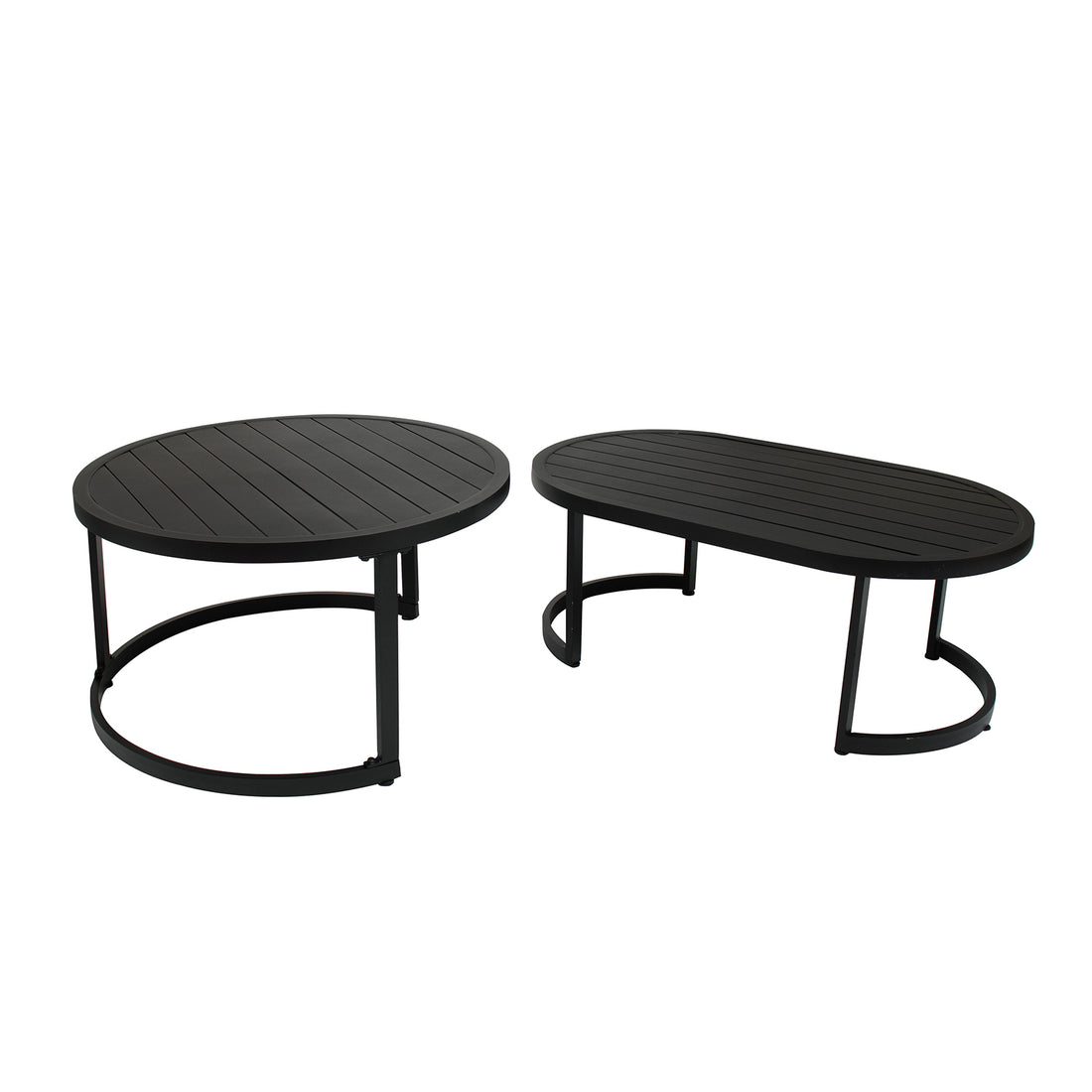 Modern black metal coffee tables with slatted tops—one round, one oval—feature a coordinating curved-leg base. Part of the Sorrelle 5 Seater Wicker Outdoor Sofa Set in Black for stylish outdoor living.