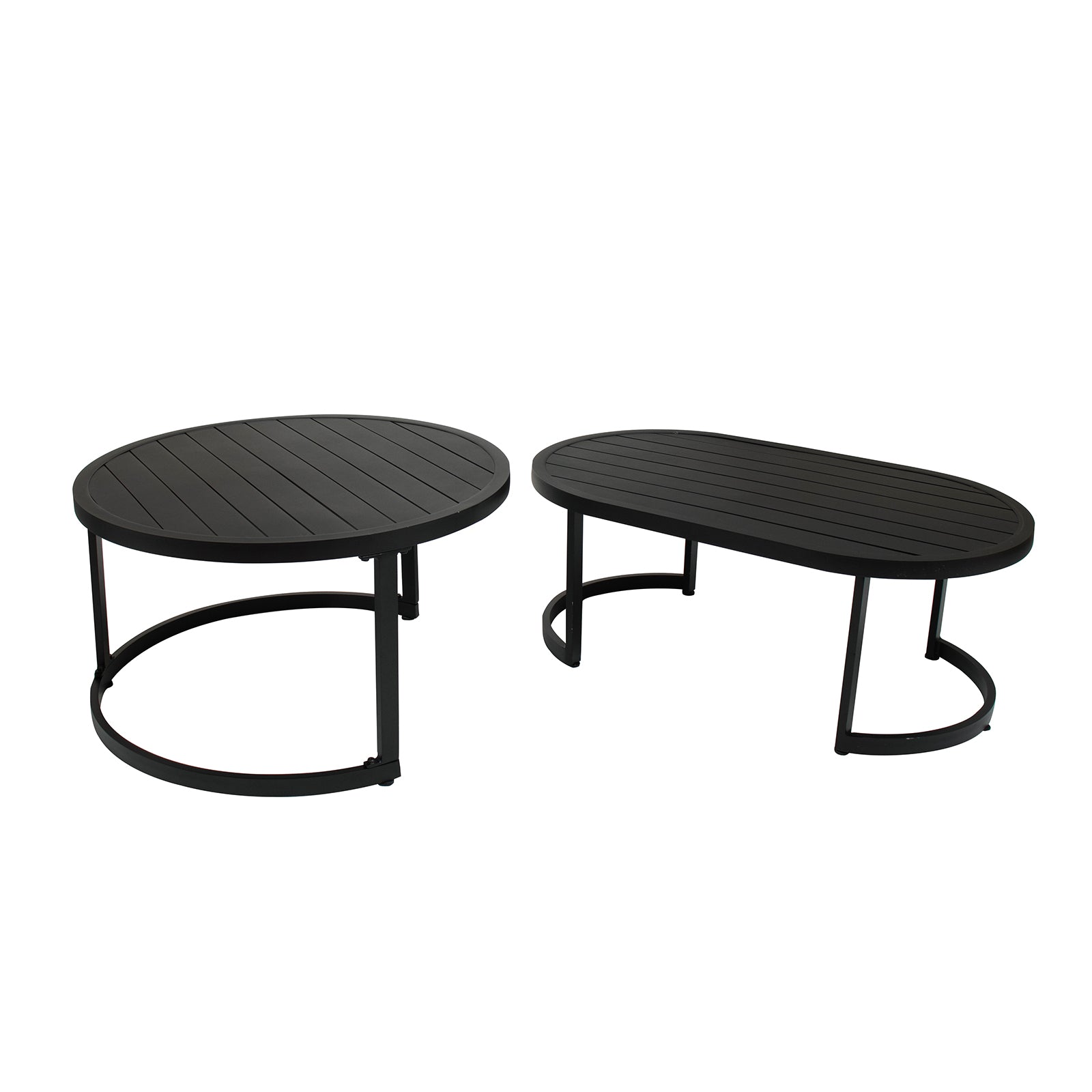 Modern black metal coffee tables with slatted tops—one round, one oval—feature a coordinating curved-leg base. Part of the Sorrelle 5 Seater Wicker Outdoor Sofa Set in Black for stylish outdoor living.