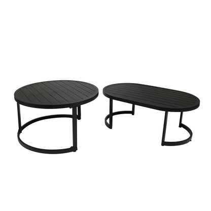 Modern black metal coffee tables with slatted tops—one round, one oval—feature a coordinating curved-leg base. Part of the Sorrelle 5 Seater Wicker Outdoor Sofa Set in Black for stylish outdoor living.