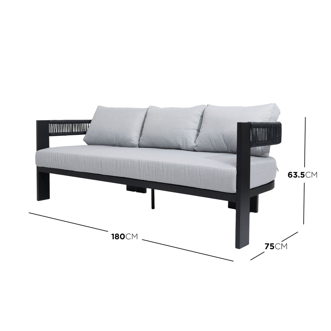 Sorrelle 5 Seater Wicker Outdoor Sofa Set in Black features a black metal frame, light grey cushions, woven rope armrests, and three loose back pillows, showcasing a modern, durable outdoor seating solution.