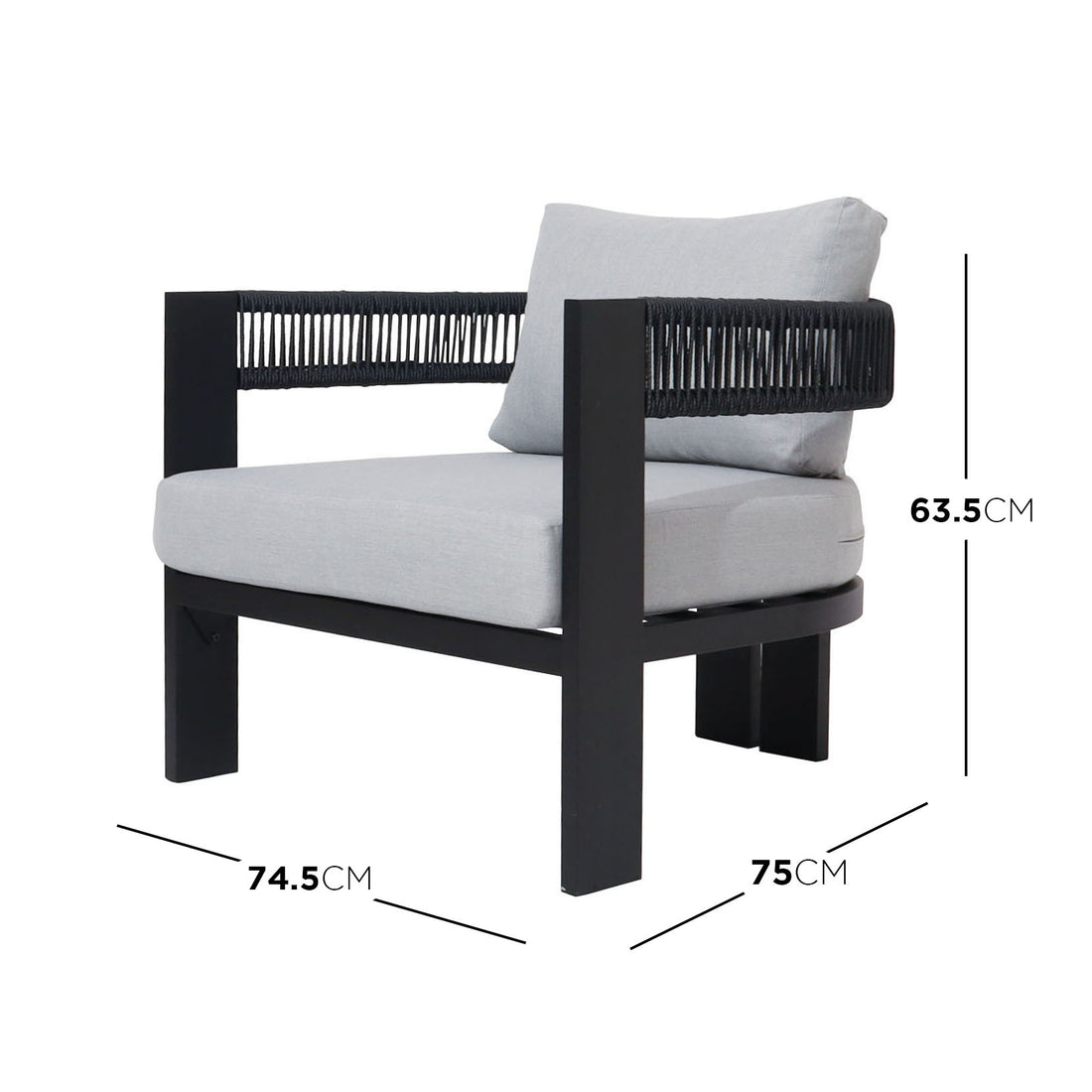 Sorrelle 5 Seater Wicker Outdoor Sofa Set in Black features a low lounge chair with a black frame, woven backrest, and light-gray cushions, highlighting its modern, durable design for outdoor comfort.