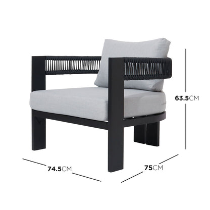 Sorrelle 5 Seater Wicker Outdoor Sofa Set in Black features a low lounge chair with a black frame, woven backrest, and light-gray cushions, highlighting its modern, durable design for outdoor comfort.