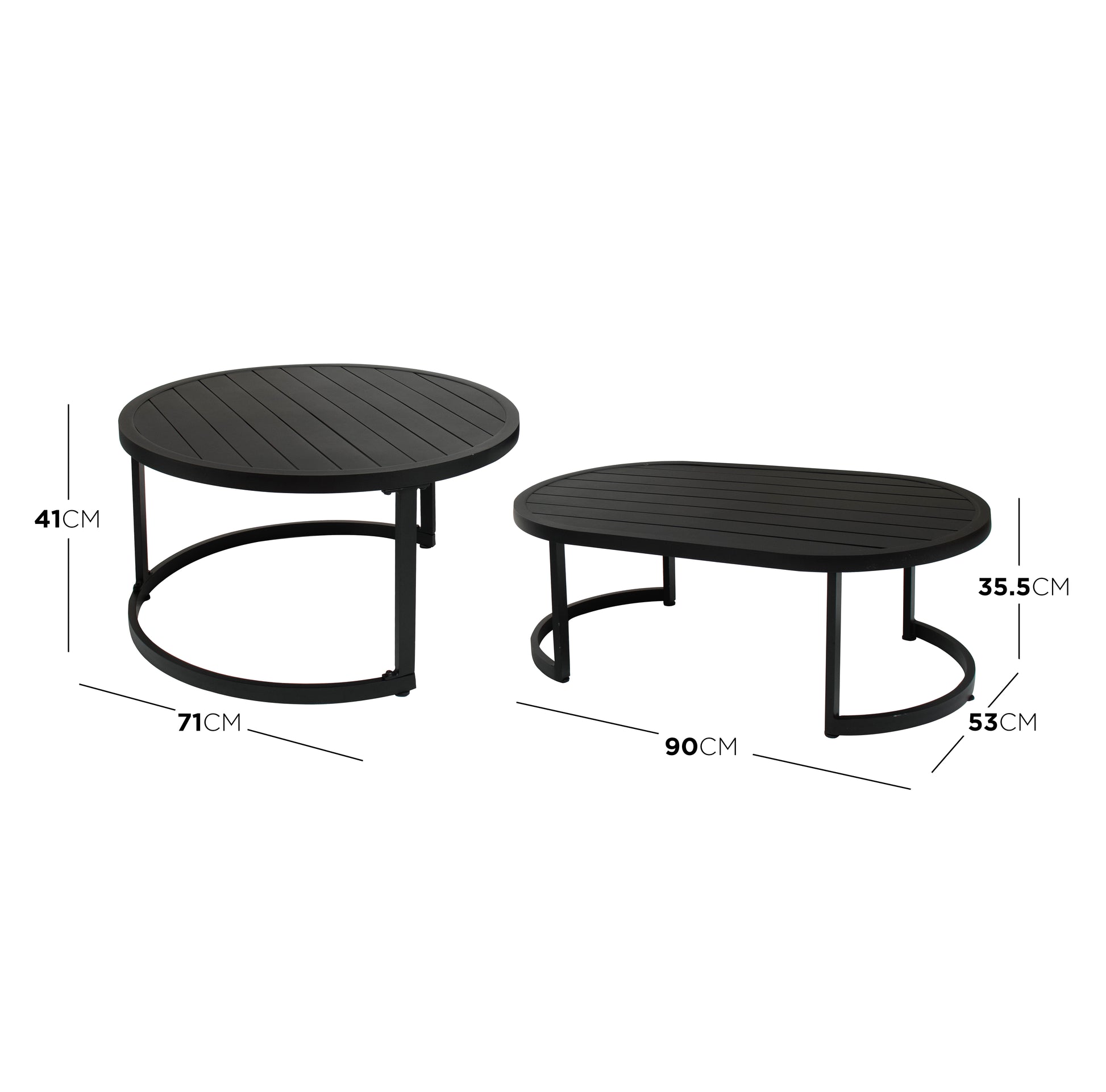 Nesting coffee tables in black metal with slatted tops; circular table sits higher than the oval one, both part of the Sorrelle 5 Seater Wicker Outdoor Sofa Set in Black.