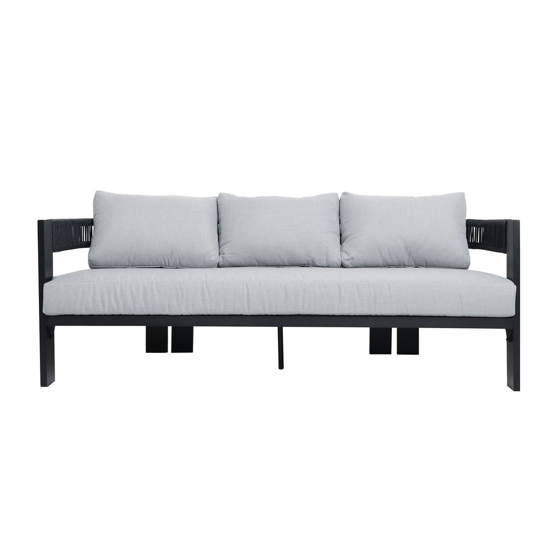 The Sorrelle 5 Seater Wicker Outdoor Sofa Set in Black features a modern three-seat design with a black metal frame, light-gray upholstered cushions, loose back pillows, and open-arm sides with woven detailing.
