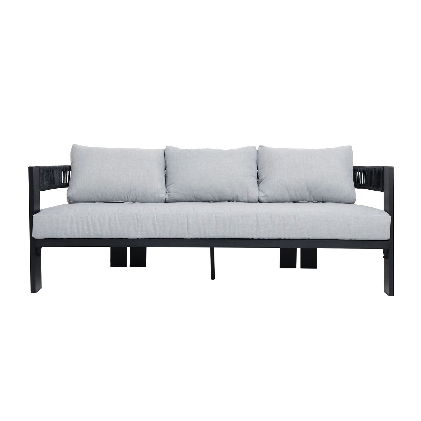 The Sorrelle 5 Seater Wicker Outdoor Sofa Set in Black features a modern three-seat design with a black metal frame, light-gray upholstered cushions, loose back pillows, and open-arm sides with woven detailing.
