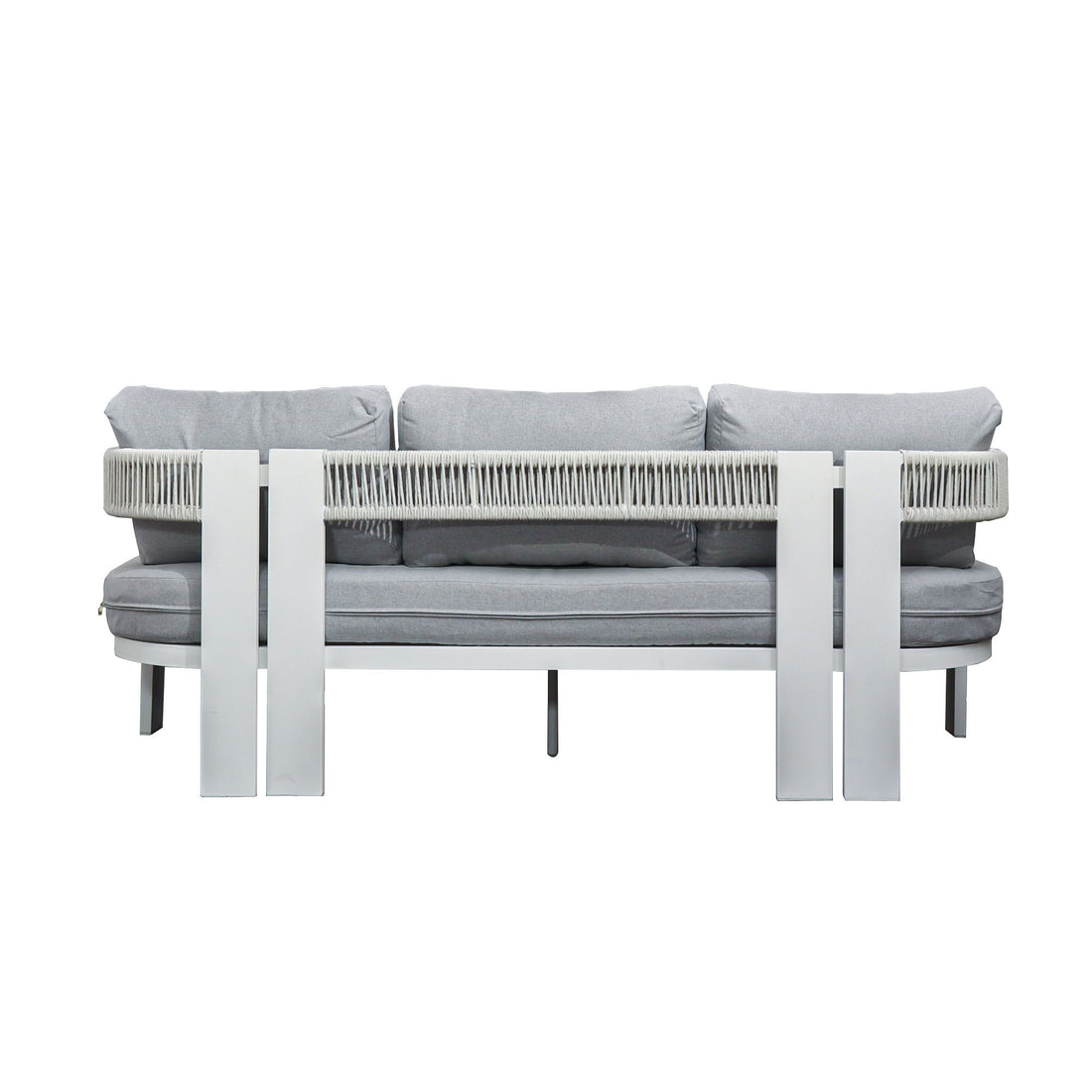 Sorrelle 5 Seater Wicker Outdoor Sofa Set in Light Grey features a modern three-seat design with light gray cushions, a white metal frame, and woven rope backrest, exemplifying contemporary outdoor style.