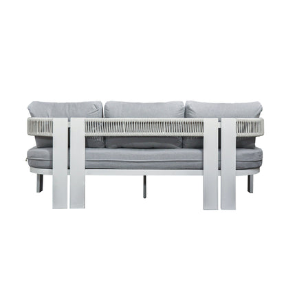 Sorrelle 5 Seater Wicker Outdoor Sofa Set in Light Grey features a modern three-seat design with light gray cushions, a white metal frame, and woven rope backrest, exemplifying contemporary outdoor style.