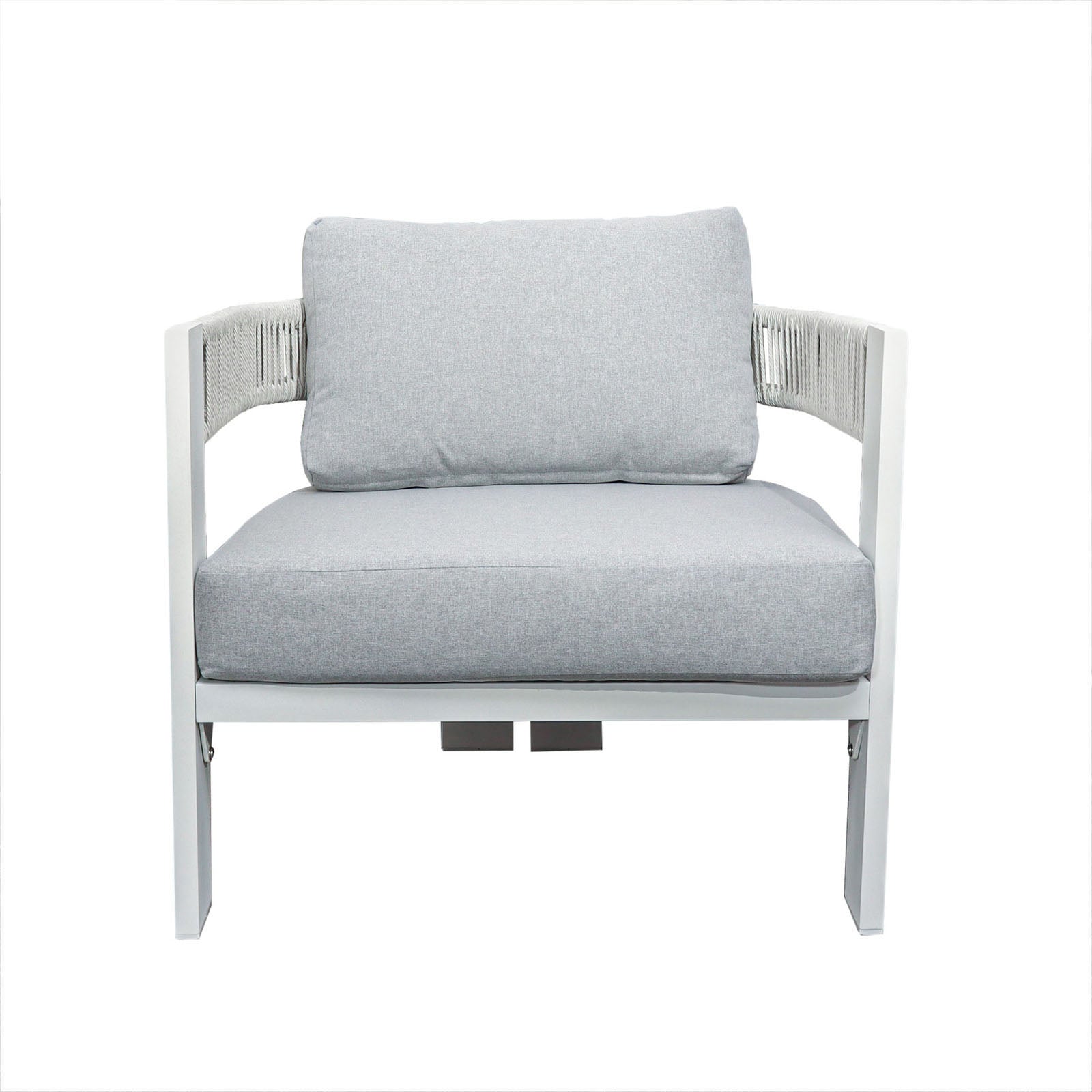 Modern single armchair from the Sorrelle 5 Seater Wicker Outdoor Sofa Set in Light Grey, featuring a white metal frame, light gray seat cushion, back pillow, and woven rope detailing on armrests.