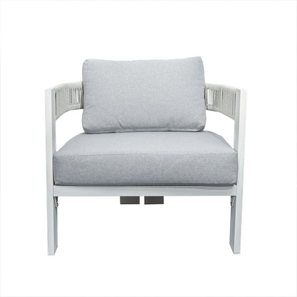 Modern single armchair from the Sorrelle 5 Seater Wicker Outdoor Sofa Set in Light Grey, featuring a white metal frame, light gray seat cushion, back pillow, and woven rope detailing on armrests.