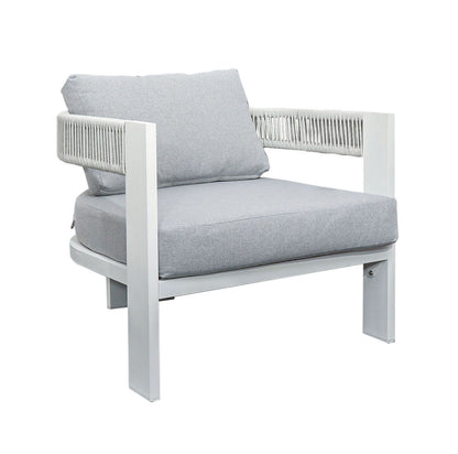 The image shows a modern Sorrelle 5 Seater Wicker Outdoor Sofa Set in Light Grey, featuring a white metal frame, woven rope arms, and thick gray cushions designed for comfortable outdoor seating.