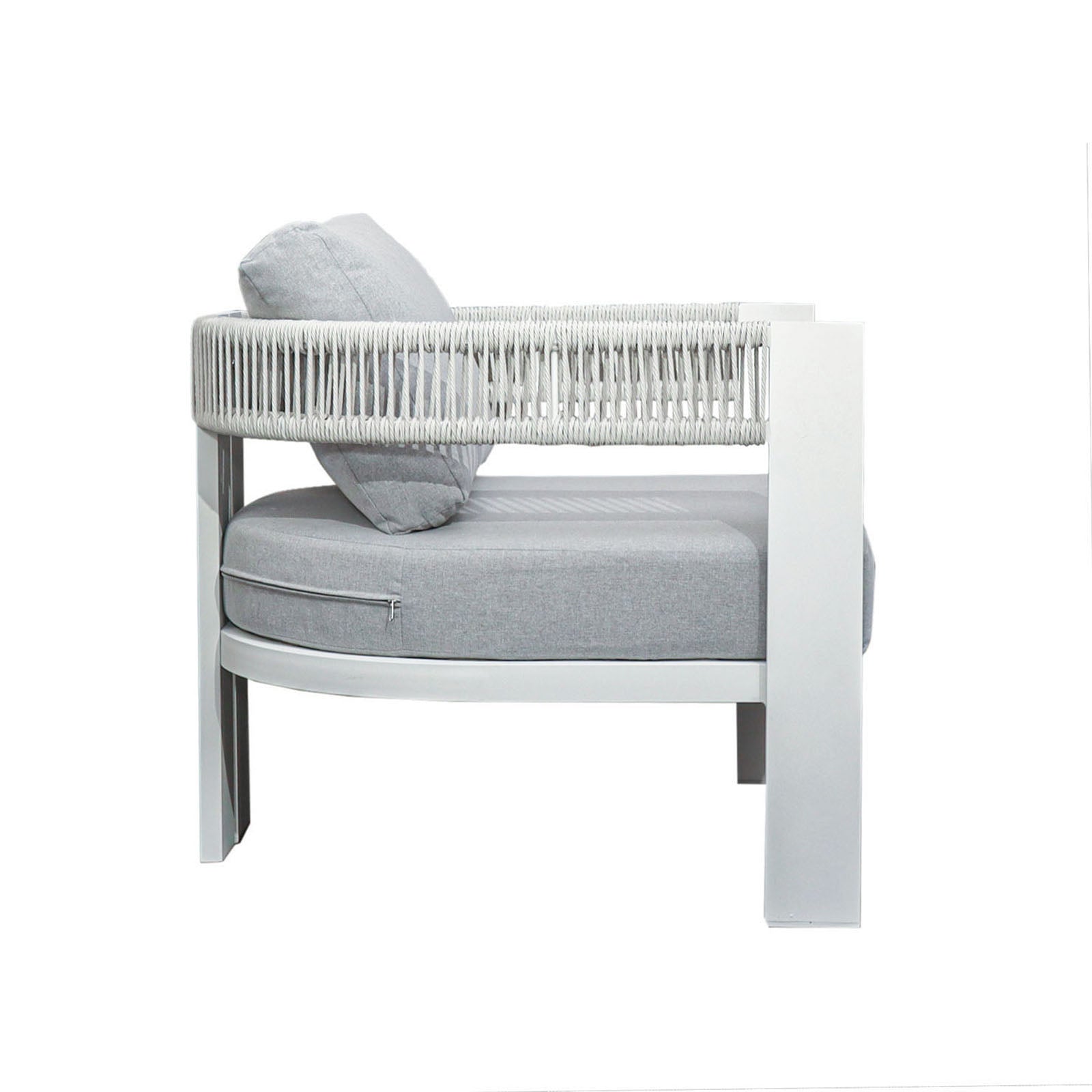 Side view of a Sorrelle 5 Seater Wicker Outdoor Sofa Set in Light Grey, featuring a white metal frame, woven rope backrest, and thick grey seat and back cushions, exuding modern style.