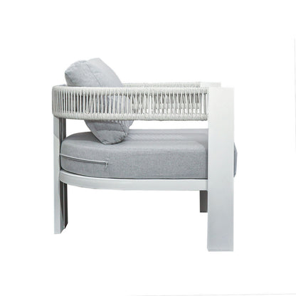 Side view of a Sorrelle 5 Seater Wicker Outdoor Sofa Set in Light Grey, featuring a white metal frame, woven rope backrest, and thick grey seat and back cushions, exuding modern style.