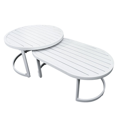 Nesting tables with white slatted tops complement the Sorrelle 5 Seater Wicker Outdoor Sofa Set in Light Grey, showcasing stylish functionality for outdoor relaxation and gatherings.