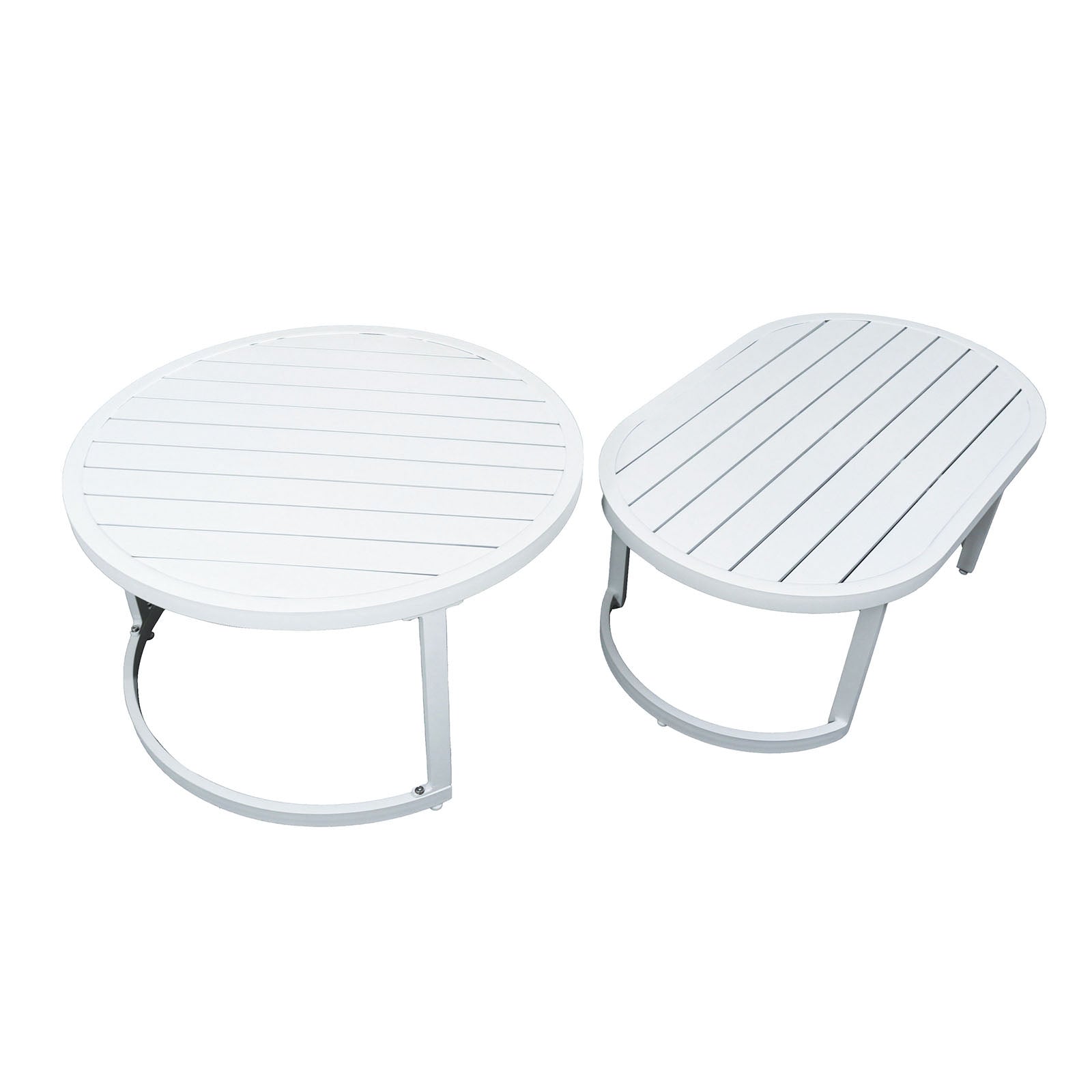 Two white, portable side-tables with slatted tops, one circular and one oval, part of the Sorrelle 5 Seater Wicker Outdoor Sofa Set in Light Grey, featuring collapsible brackets for versatile use.