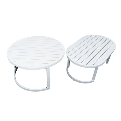 Two white, portable side-tables with slatted tops, one circular and one oval, part of the Sorrelle 5 Seater Wicker Outdoor Sofa Set in Light Grey, featuring collapsible brackets for versatile use.