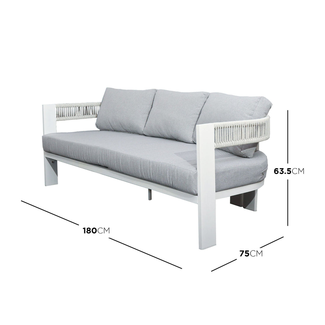 Sorrelle 5 Seater Wicker Outdoor Sofa Set in Light Grey featuring a modern three-seat design with light grey cushions, white metal frame, and decorative rope-wrapped armrests, measuring 150x75x72.5 cm.