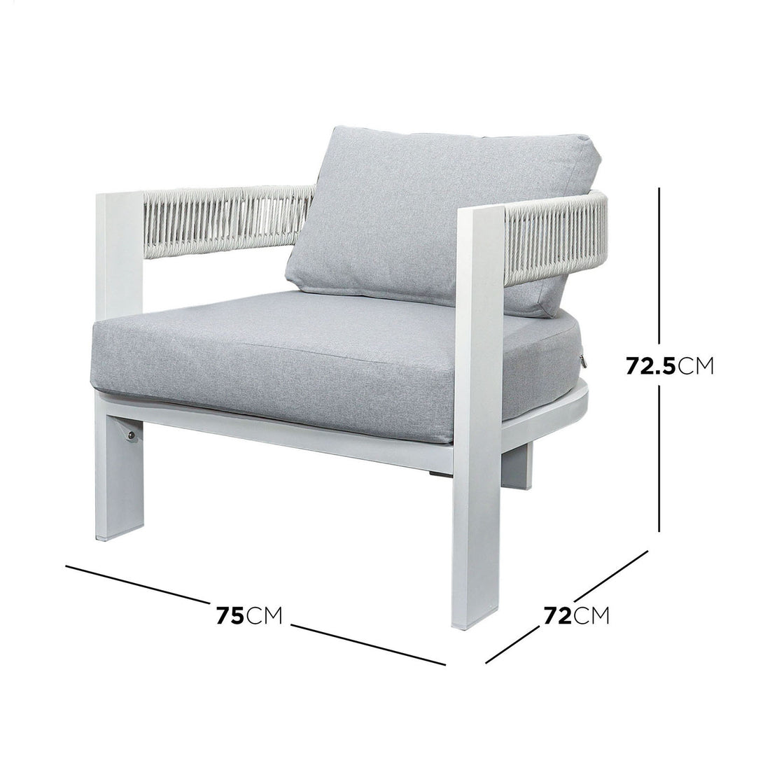 Sorrelle 5 Seater Wicker Outdoor Sofa Set in Light Grey features a white metal frame, light-neutral woven rope armrests, and heather-gray cushions, designed for indoor or covered-outdoor relaxation.