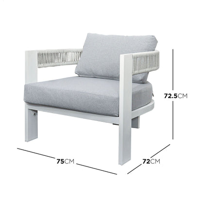 Sorrelle 5 Seater Wicker Outdoor Sofa Set in Light Grey features a white metal frame, light-neutral woven rope armrests, and heather-gray cushions, designed for indoor or covered-outdoor relaxation.