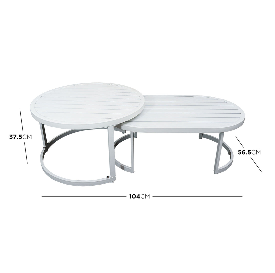 Two-piece coffee table set featuring a round and an oval table with white metal slatted tops, part of the Sorrelle 5 Seater Wicker Outdoor Sofa Set in Light Grey.