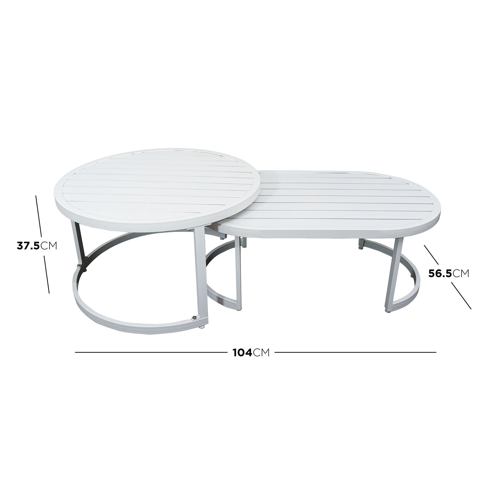 Two-piece coffee table set featuring a round and an oval table with white metal slatted tops, part of the Sorrelle 5 Seater Wicker Outdoor Sofa Set in Light Grey.
