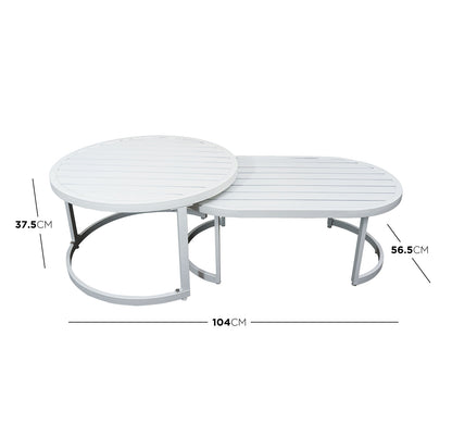 Two-piece coffee table set featuring a round and an oval table with white metal slatted tops, part of the Sorrelle 5 Seater Wicker Outdoor Sofa Set in Light Grey.