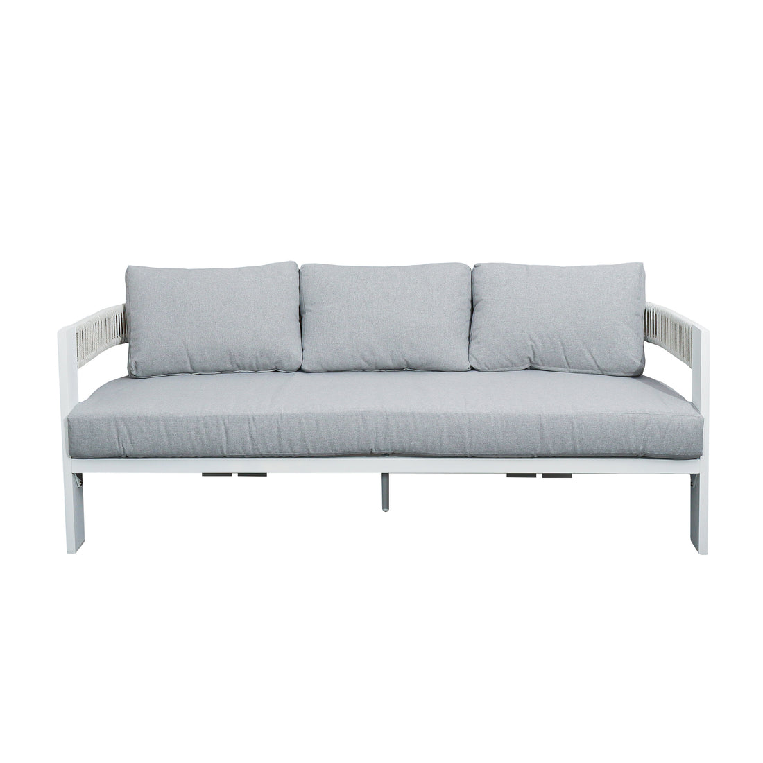 Sorrelle 5 Seater Wicker Outdoor Sofa Set in Light Grey featuring a white metal frame with light gray seat and back cushions, showcasing a modern design ideal for comfortable outdoor living.