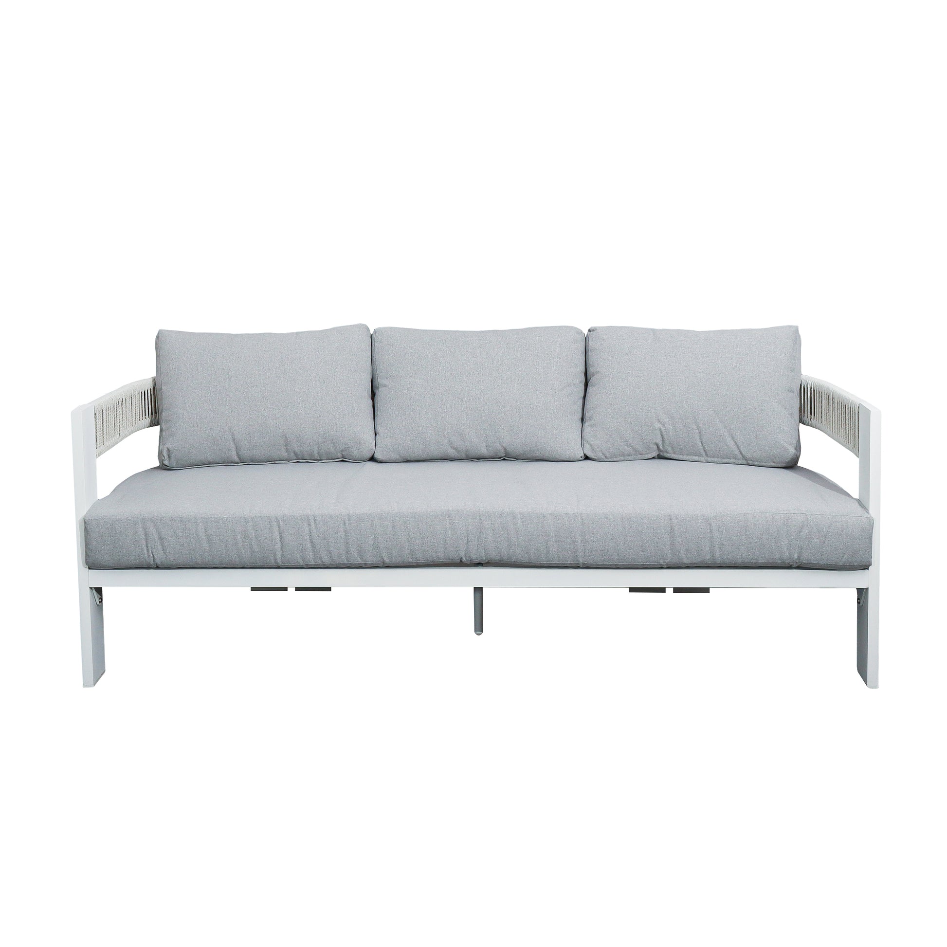 Sorrelle 5 Seater Wicker Outdoor Sofa Set in Light Grey featuring a white metal frame with light gray seat and back cushions, showcasing a modern design ideal for comfortable outdoor living.