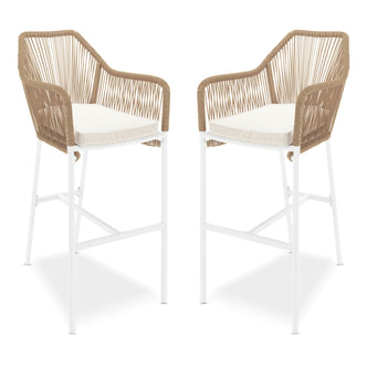 Tablas PE Wicker Outdoor Bar Stool Natural Set of 2 features sculptural design with armrests, showcasing twisted wicker and robust white frame, ideal for versatile indoor or outdoor seating.