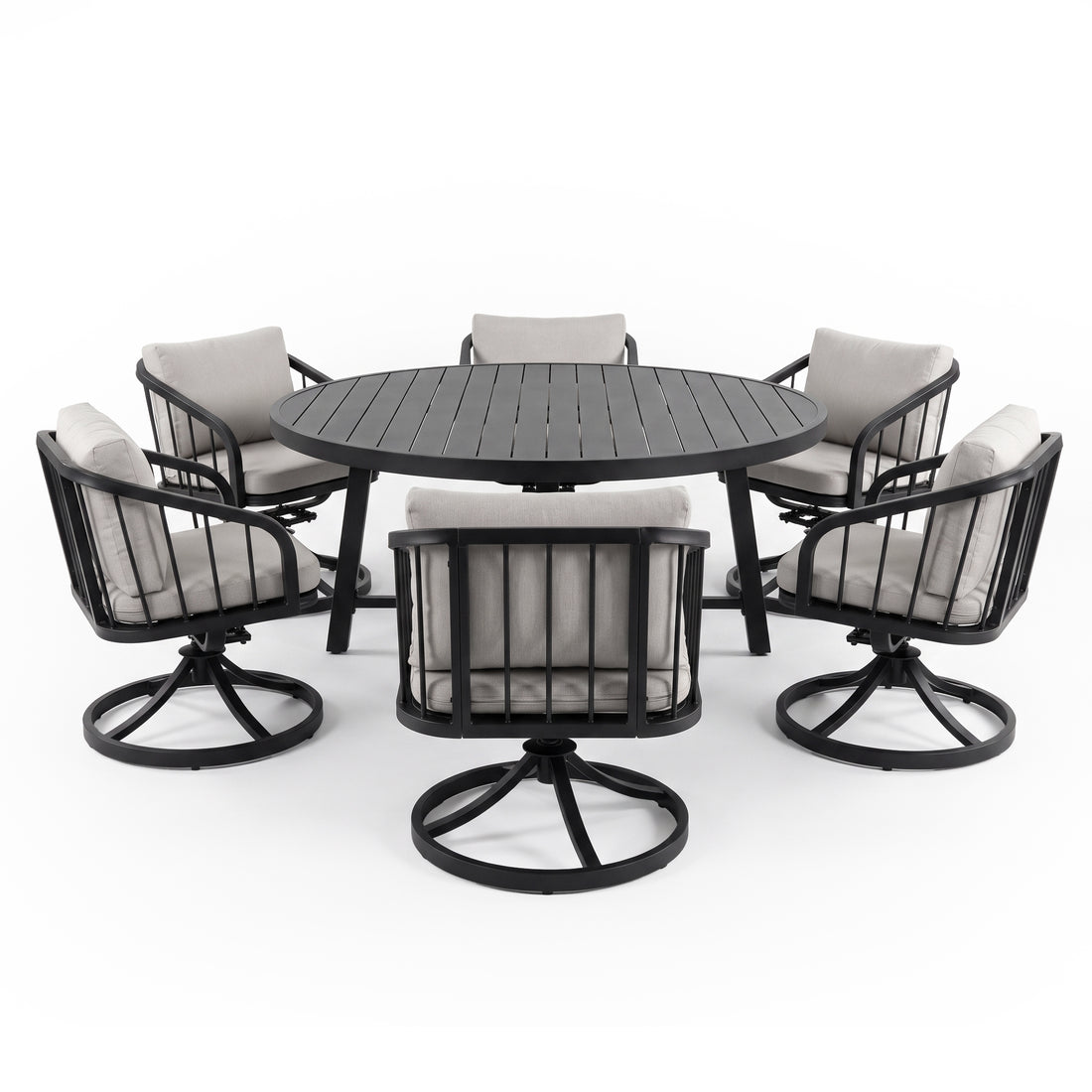Outdoor dining set with round table and five chairs on white background