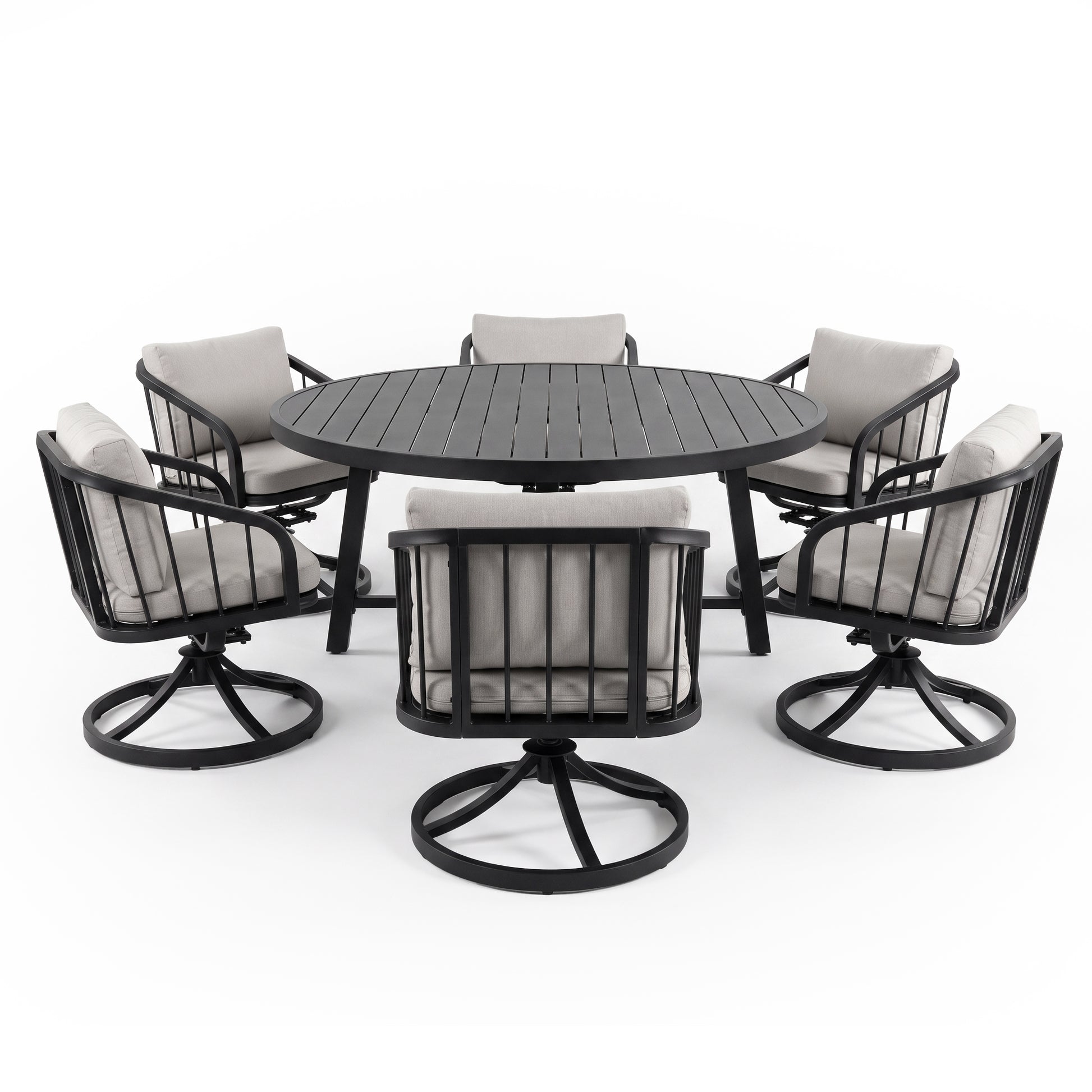 Outdoor dining set with round table and five chairs on white background