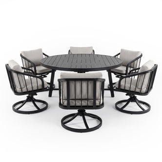Outdoor dining set with round table and five chairs on white background
