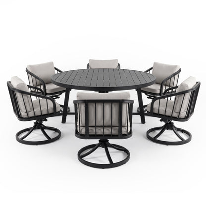 Outdoor dining set with round table and five chairs on white background