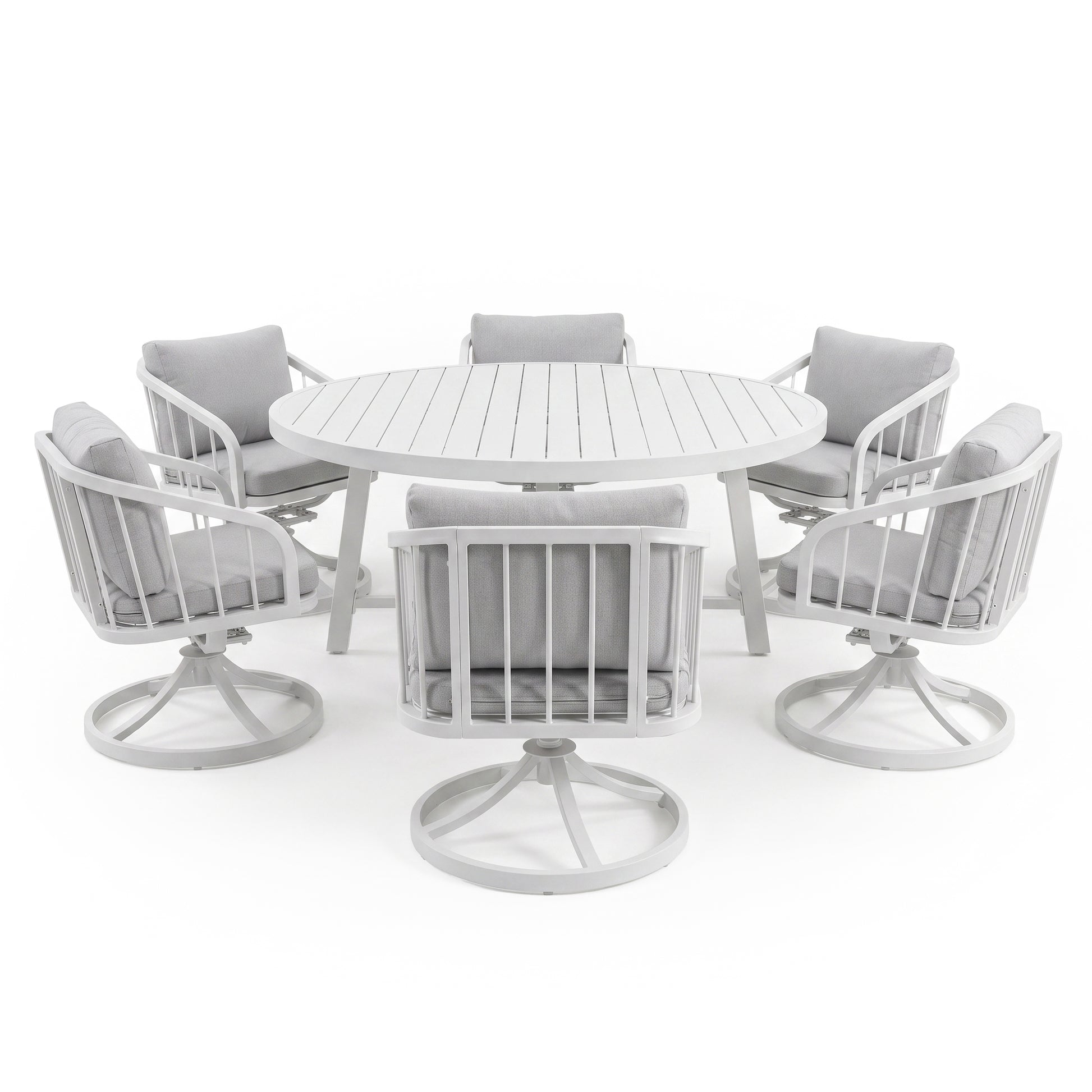 Outdoor dining set with round table and six cushioned chairs on a white background