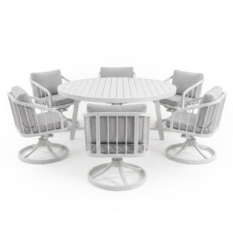 Outdoor dining set with round table and six cushioned chairs on a white background