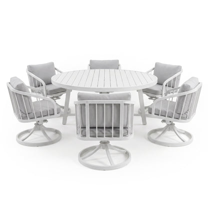 Outdoor dining set with round table and six cushioned chairs on a white background