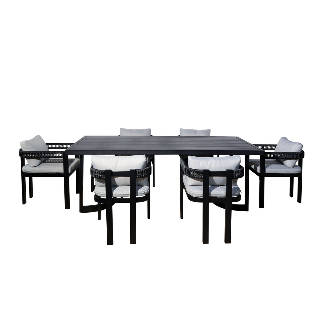 Tavari 6-Seater Aluminium Outdoor Dining Set in Black featuring a dark metal slatted-top table, six armchairs with woven back detail, and light-coloured seat and back cushions, showcasing modern outdoor elegance.