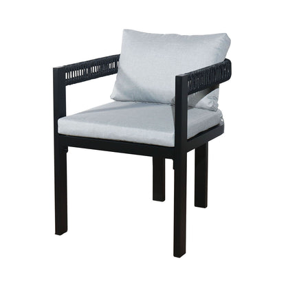 Modern-style Tavari 6-Seater Aluminium Outdoor Dining Set in Black featuring a black metal frame armchair with rope-wrapped armrests, light gray fabric cushions, ideal for stylish outdoor dining.