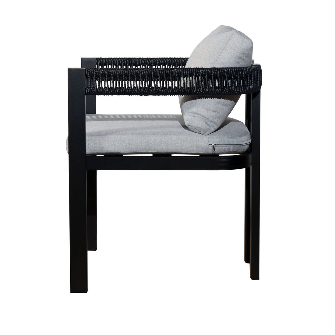 Tavari 6-Seater Aluminium Outdoor Dining Set in Black features a modern armchair with a black metal frame, woven rope detailing, and light-gray cushions, showcasing its contemporary and minimal design.