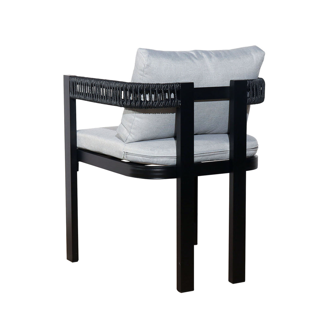 Modern lounge chair with black metal frame and light gray cushions, part of Tavari 6-Seater Aluminium Outdoor Dining Set in Black, featuring woven rope detailing for stylish outdoor seating.