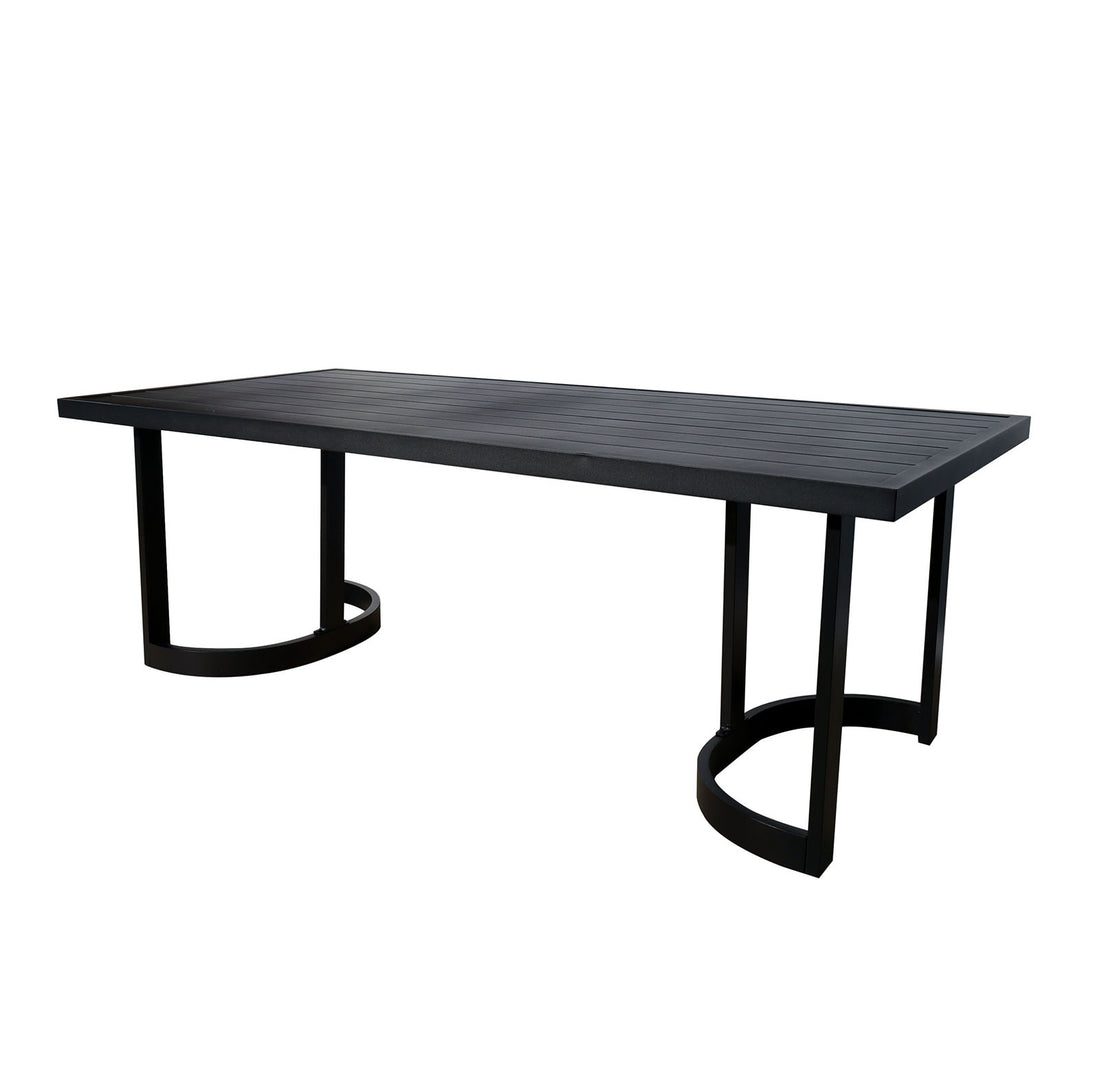 Tavari 6-Seater Aluminium Outdoor Dining Set in Black features a long, matte black tabletop with narrow slats and U-shaped leg bases, showcasing modern design ideal for outdoor gatherings.