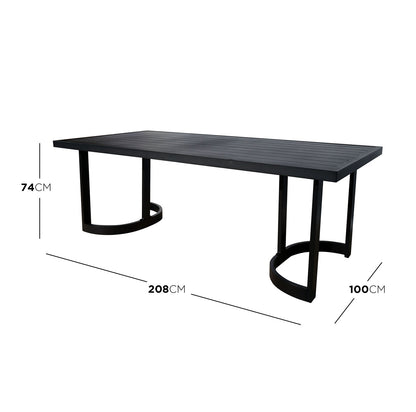 Tavari 6-Seater Aluminium Outdoor Dining Set in Black features a sleek matte black table with slatted top and U-shaped legs, highlighting a modern aesthetic for outdoor gatherings.