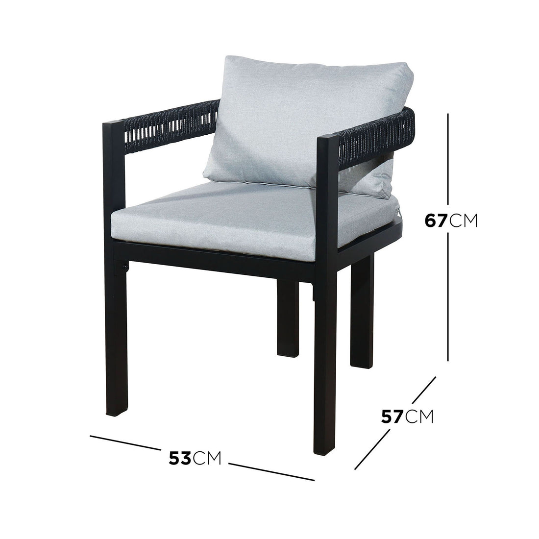 Tavari 6-Seater Aluminium Outdoor Dining Set in Black features an armchair with a black metal frame, woven rope armrests, and light grey cushions, measuring 53x57x67 cm.