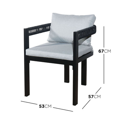 Tavari 6-Seater Aluminium Outdoor Dining Set in Black features an armchair with a black metal frame, woven rope armrests, and light grey cushions, measuring 53x57x67 cm.