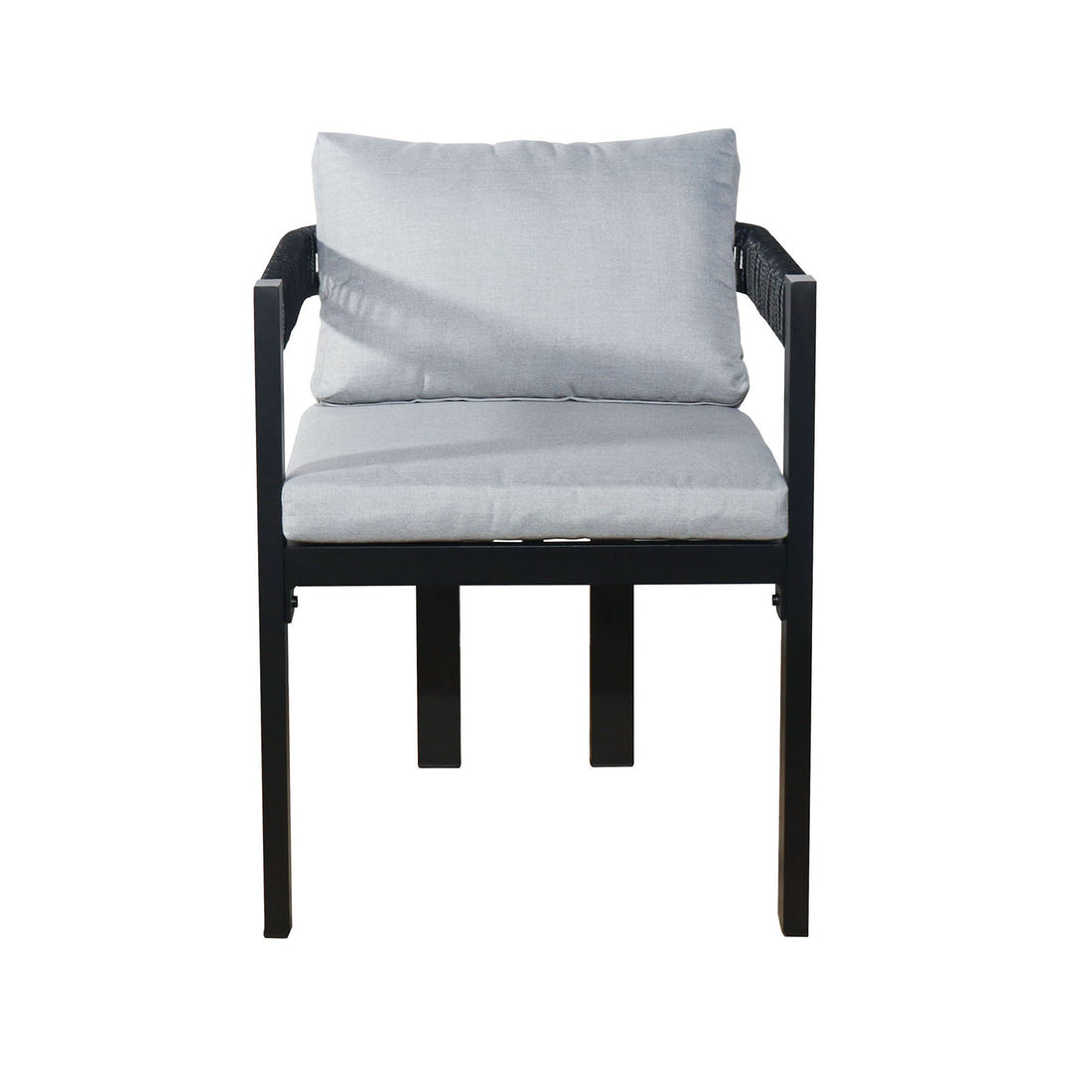 Tavari 6-Seater Aluminium Outdoor Dining Set features a modern accent chair with a black metal frame, light-gray cushions, and dark woven armrests, highlighting stylish and durable design for outdoor use.