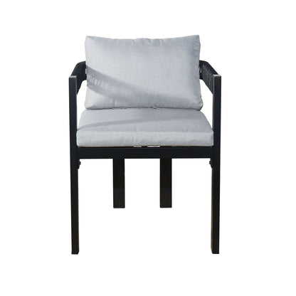 Tavari 6-Seater Aluminium Outdoor Dining Set features a modern accent chair with a black metal frame, light-gray cushions, and dark woven armrests, highlighting stylish and durable design for outdoor use.