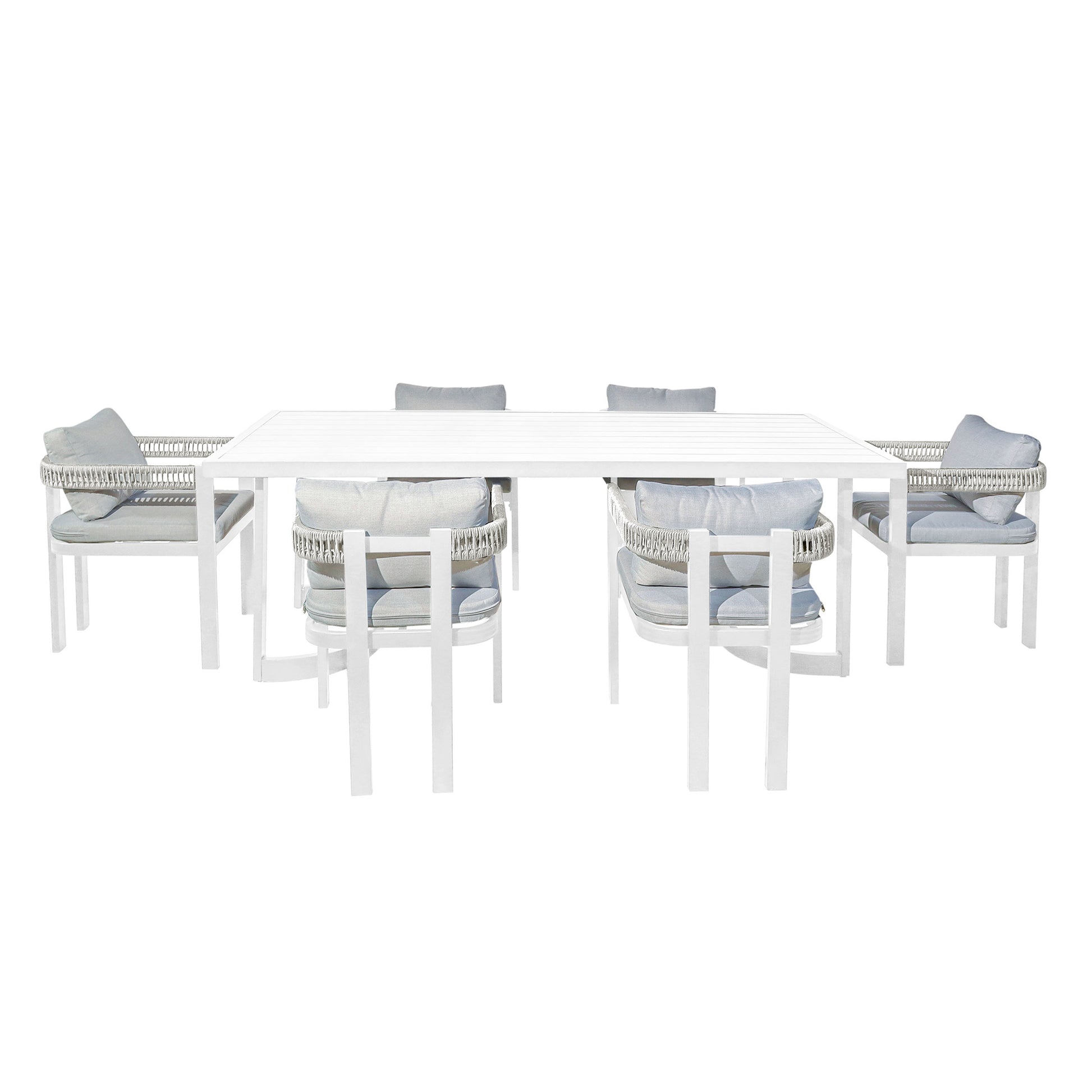 Tavari 6-Seater Aluminium Outdoor Dining Set in Light Grey features a sleek white table with six chairs, showcasing woven rope detailing and cushioned seating, perfect for modern patio gatherings.