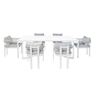 Tavari 6-Seater Aluminium Outdoor Dining Set in Light Grey features a sleek white table with six chairs, showcasing woven rope detailing and cushioned seating, perfect for modern patio gatherings.